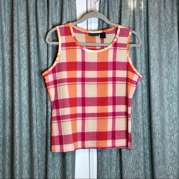 *Bundle 4/$20* Fashion Classics Pink Orange & White Plaid Sleeveless Top Size M - Picture 1 of 3
